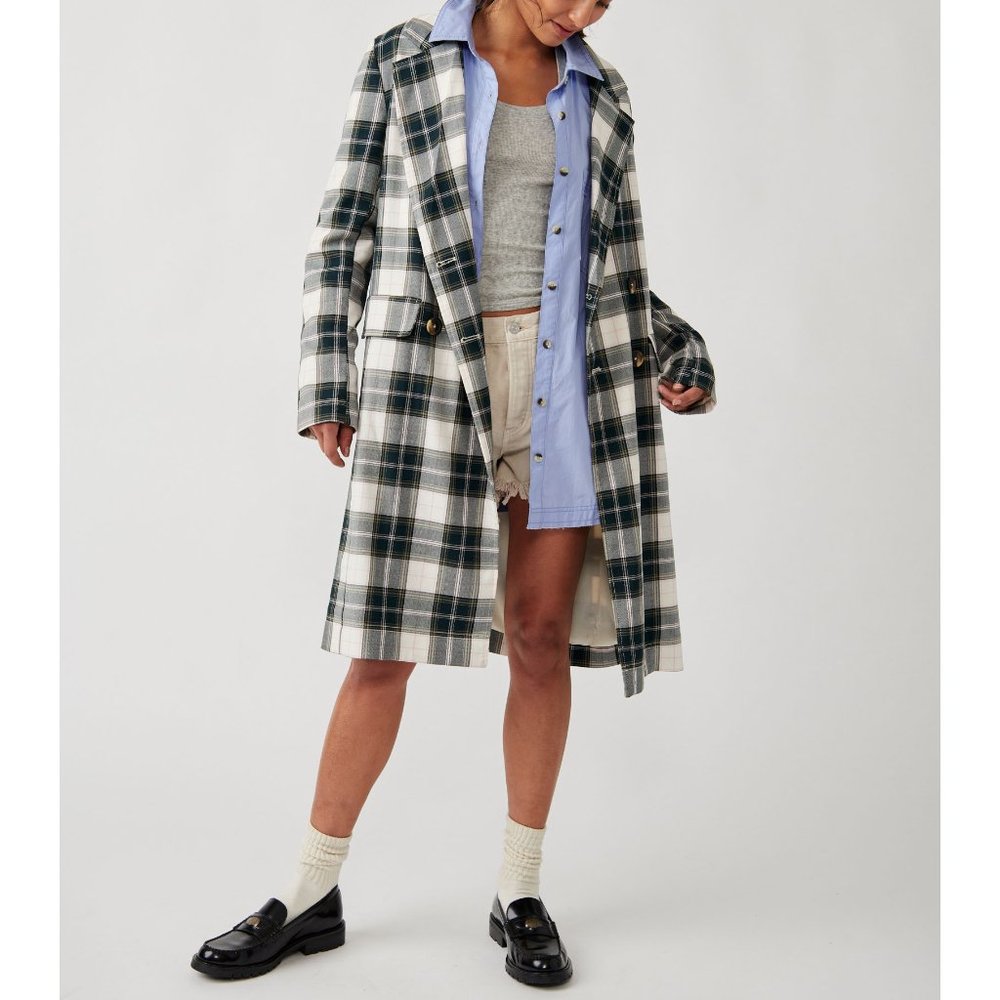 NWT FREE PEOPLE Freddie Longline Plaid Blazer / Green Plaid